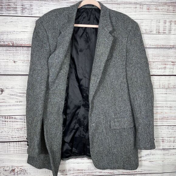 Harris Tweed Herringbone Wool Sport Coat Blazer Jacket Gray Blue 2 Button 44L - Picture 1 of 16